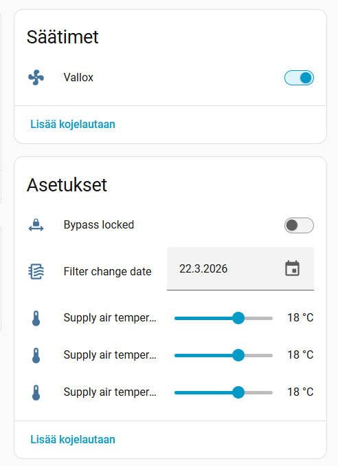 Home Assistantin entiteettinäkymä Vallox-integraatiosta: säädin koneen päälle ja pois, bypass-lukitus, suodattimien vaihtopäivä sekä tuloilman lämpötilan säätimet.